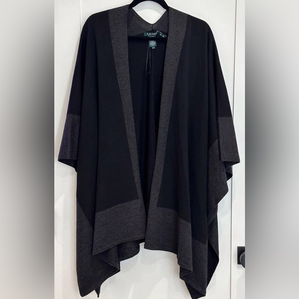 Lauren Ralph Lauren wrap poncho layering piece wool blend black gray